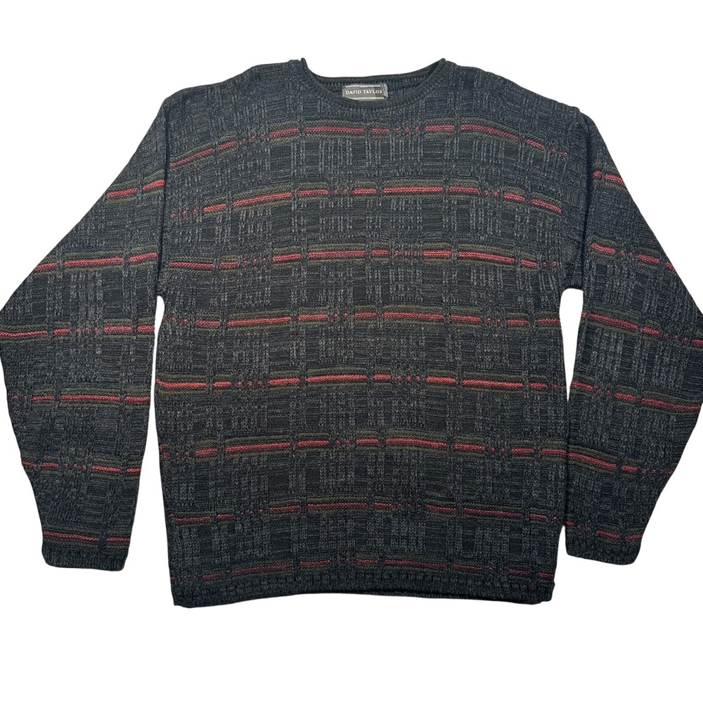 Vintage David Taylor Sweater Mens XLT Black Red Textured Knit Geometric VTG